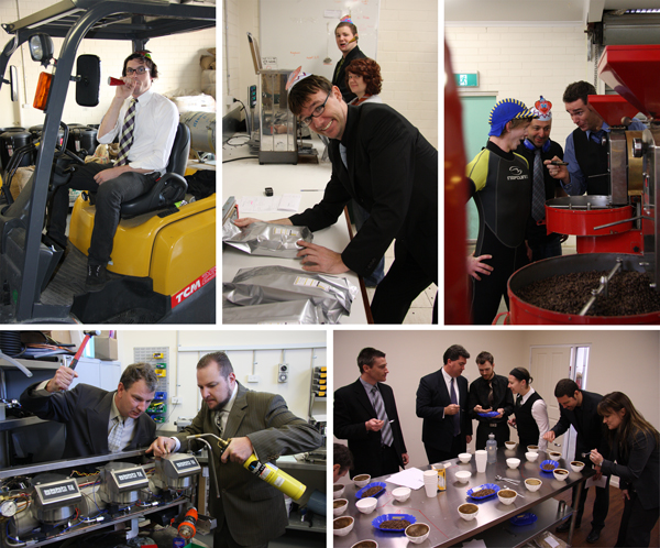 Everyone wearing their suits to work. Starting from the top left and going clockwise: Dan on the Forklift; Kimbo, Emma and Craig packing up a storm; Luke, Mikey and Kimbo get excited about a roast; Ash, Jason, Ben, Dana, Shaughan and Bronwin participate in a daily cupping; and finally Richard and Caleb insist that whenever working on a Synesso, you must be in formal attire. Everyone wearing their suits to work. Starting from the top left and going clockwise: Dan on the Forklift; Kimbo, Emma and Craig packing up a storm; Luke, Mikey and Kimbo get excited about a roast; Ash, Jason, Ben, Dana, Shaughan and Bronwin participate in a daily cupping; and finally Richard and Caleb insist that whenever working on a Synesso, you must be in formal attire.