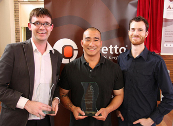 5 Senses pulled off a clean sweep of the 2009 Western Australian Barista Championships with Kim Godleman [left] winning the 2009 Western Australian Latte Art Competition, Mark Chandler [centre] winning the 2009 Western Australian Barista Competition and Ben Bicknell [right] winning the 2009 Western Australian Cupping Competition