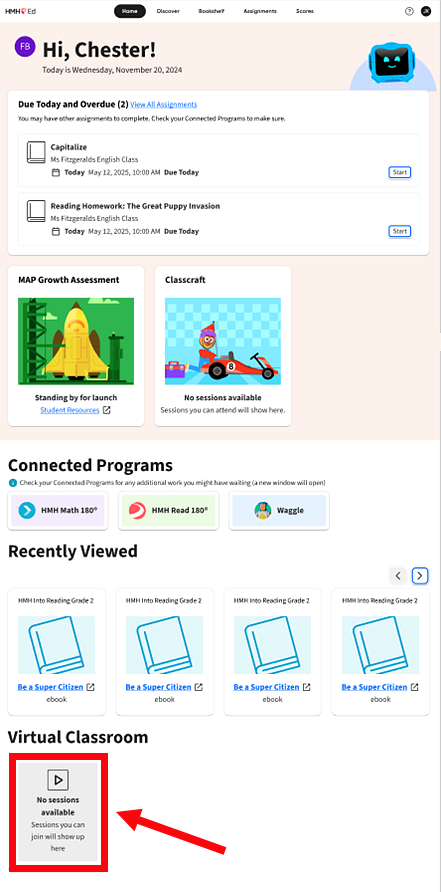 Student Home page with Virtual Classroom area highlighted