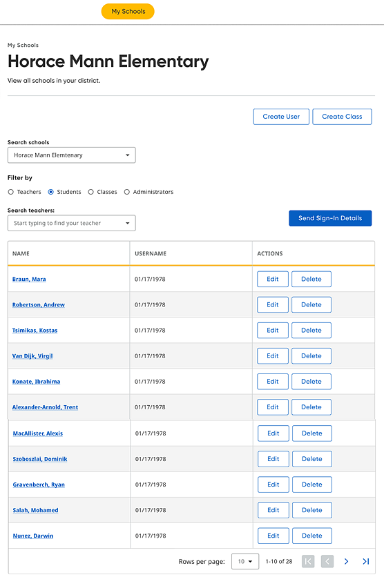 My Schools page showing students for selected school
