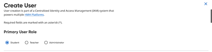 Create User page showing the top Primary User Role section only