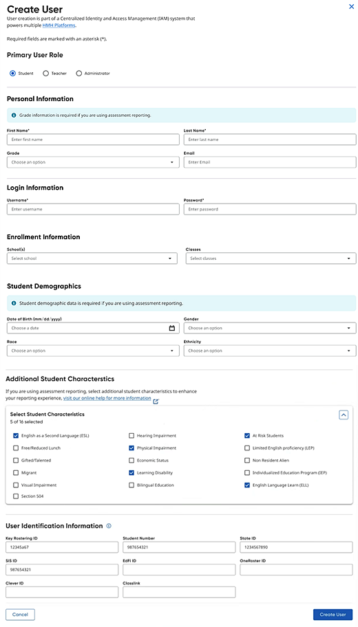 Create User page with Student role selected