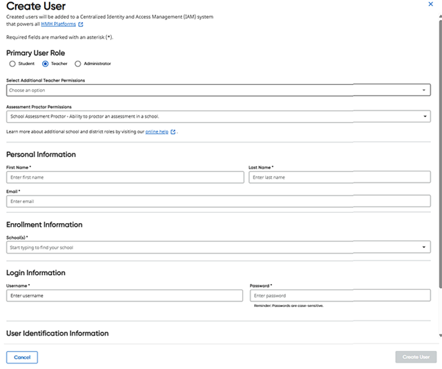 Primary User Role section of Create User page showing Teacher selected