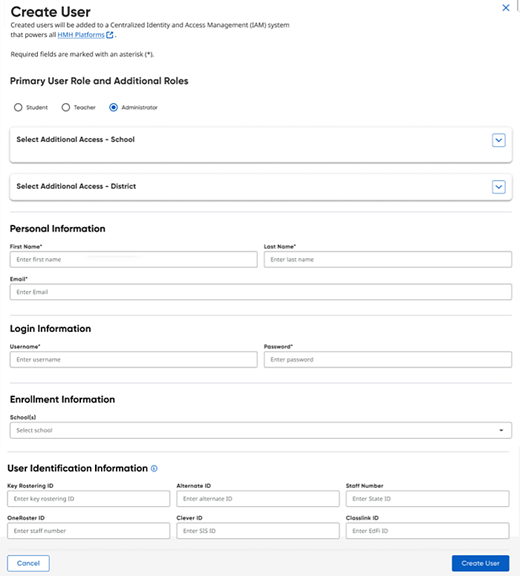 Create User page with Administrator selected for the Primary Role
