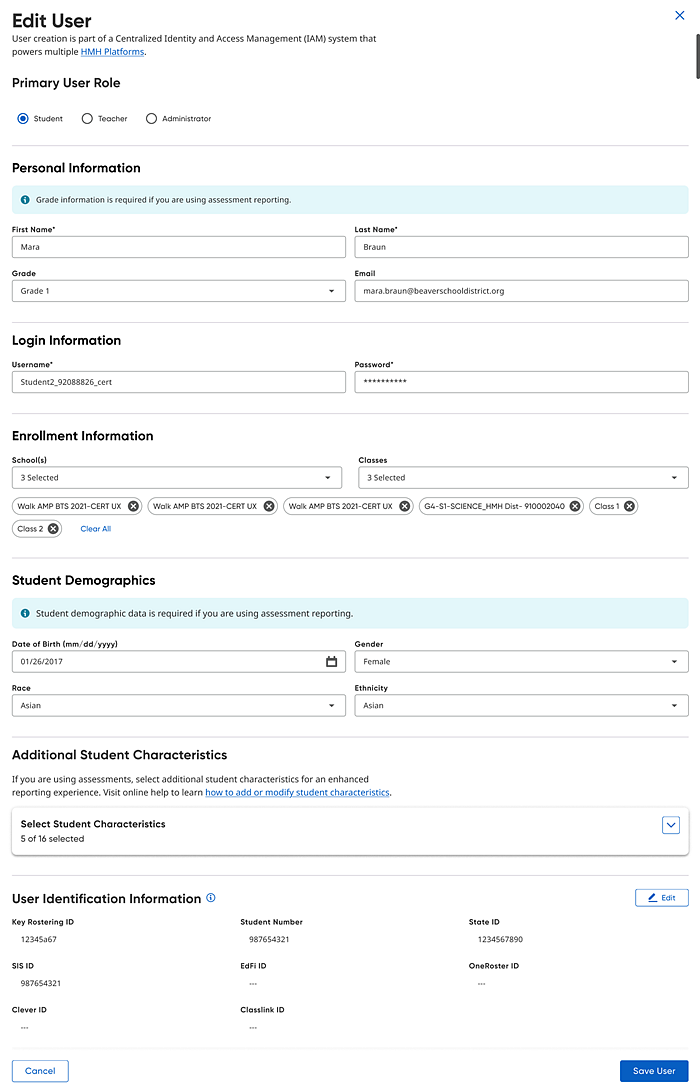 Edit User page with Student Role selected
