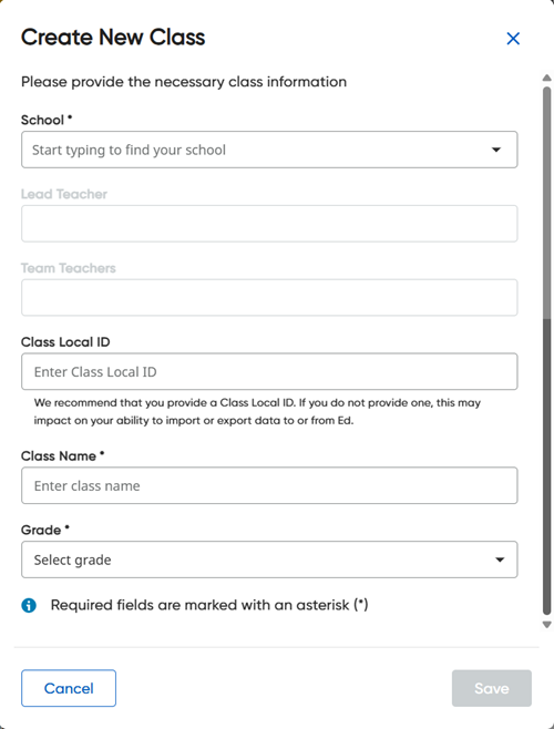 Create New Class page
