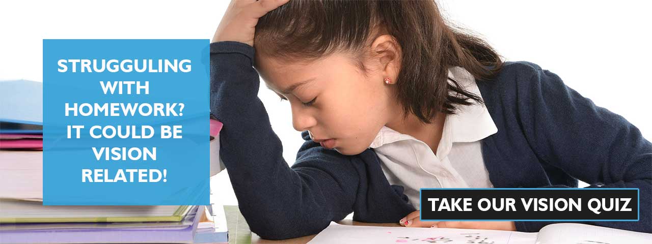 frustrated child at school. Ad for our vision quiz