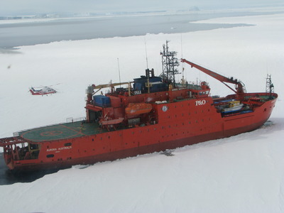 The Aurora Australis parked in ice