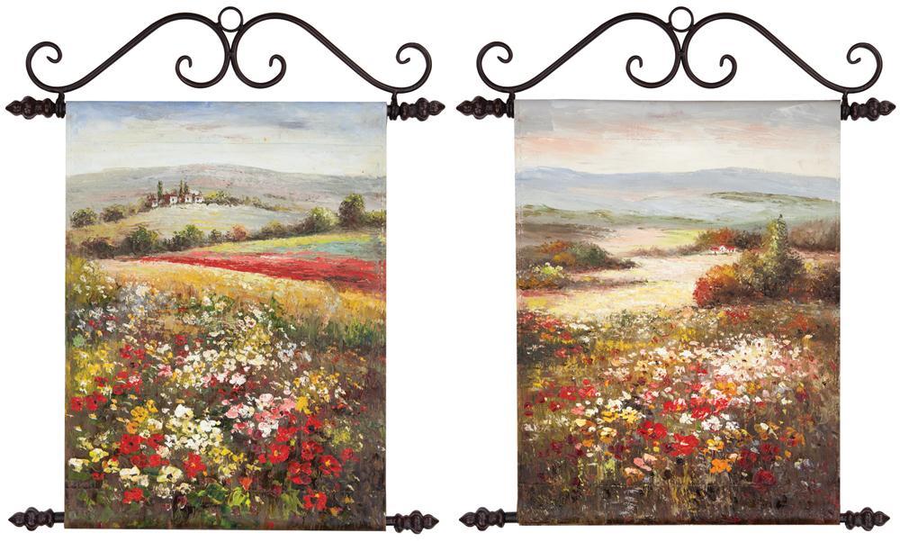 Hand Painted Oil Canvas Art FIELD FLOWERS Wall Hanging Metal Scroll