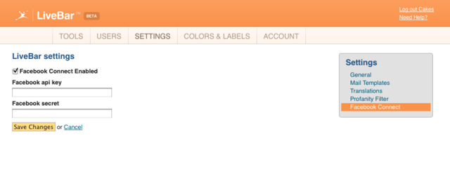 Livebar Control Panel - Facebook Connet