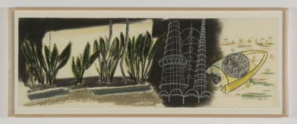 William Leavitt, <em>Rodia Tower with Lawn Sprinkler</em>, 1990. Pastel on paper, 15 x 43 in. Courtesy Margo Leavin Gallery, Los Angeles.