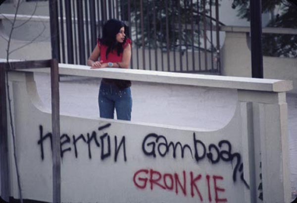 Asco, <em>Spray Paint LACMA</em>, 1972. Colour photograph. Photograph: Harry Gamboa, Jr, showing Patssi Valdez. Asco, <em>Spray Paint LACMA</em>, 1972. Colour photograph. Photograph: Harry Gamboa, Jr, showing Patssi Valdez.