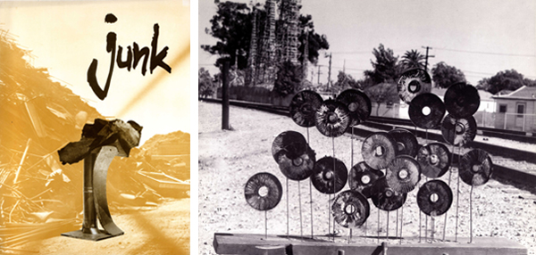 Left: Cover of exhibition catalogue for <em>Junk Art: 66 Signs of Neon</em>, Los Angeles, 1966. Right: Debby Brewer, <em>Sunflowers</em>, 1966. Mixed media. Courtesy of the Noah Purifoy Foundation. Left: Cover of exhibition catalogue for <em>Junk Art: 66 Signs of Neon</em>, Los Angeles, 1966. Right: Debby Brewer, <em>Sunflowers</em>, 1966. Mixed media. Courtesy of the Noah Purifoy Foundation.