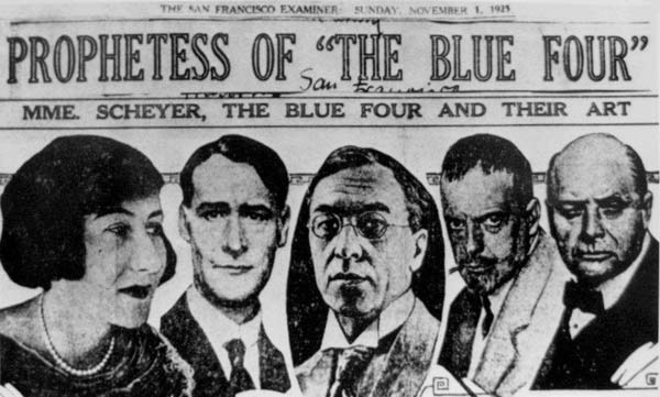 "Prophetess of the Blue Four," <em>San Francisco Examiner</em>, November 1, 1925. Pictured: Galka Scheyer, Lyonel Feininger, Wassily Kandinsky, Paul Klee and Alexej Jawlensky.