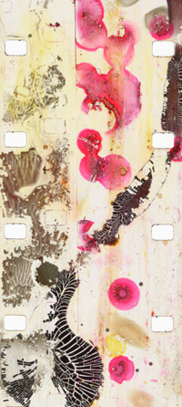 Jennifer West, filmstrip from <em>Regressive Squirty Sauce Film (16mm film leader squirted and dripped with chocolate sauce, ketchup, mayonnaise & apple juice),</em> 2007. 3 min, 36 sec. Jennifer West, filmstrip from <em>Regressive Squirty Sauce Film (16mm film leader squirted and dripped with chocolate sauce, ketchup, mayonnaise & apple juice),</em> 2007. 3 min, 36 sec.