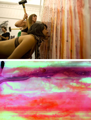 Jennifer West, production still (top) and film still from<em> Jam Licking & Sledgehammered Film (70MM Film Leader Covered in Strawberry Jam, Grape Jelly and Orange Marmalade - licked and sledgehammered by Jim Shaw, Marnie Weber, Mariah Csepanyi, Bill Parks, Alex Johns, Karen Liebowitz, Roxana Eslamieh, Chaney Trotter & Jwest- (a filmic restaging of moments from Allan Kaprow's 'Household')</em>, 2008. 3 min, 17 sec. Jennifer West, production still (top) and film still from<em> Jam Licking & Sledgehammered Film (70MM Film Leader Covered in Strawberry Jam, Grape Jelly and Orange Marmalade - licked and sledgehammered by Jim Shaw, Marnie Weber, Mariah Csepanyi, Bill Parks, Alex Johns, Karen Liebowitz, Roxana Eslamieh, Chaney Trotter & Jwest- (a filmic restaging of moments from Allan Kaprow's 'Household')</em>, 2008. 3 min, 17 sec.