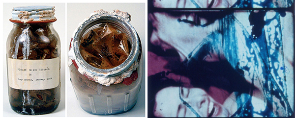 From left: Tony Conrad's jars of pickled film, 1974. Photos: Andrew Lampert. Still from Carolee Schneemann's <em>Fuses</em>, 1965. 16mm film, 18 min. From left: Tony Conrad's jars of pickled film, 1974. Photos: Andrew Lampert. Still from Carolee Schneemann's <em>Fuses</em>, 1965. 16mm film, 18 min.