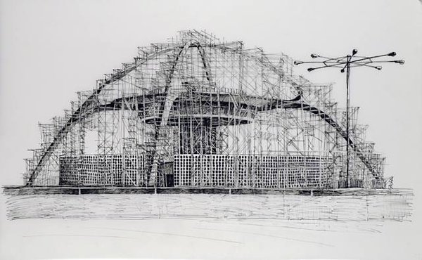 Deborah Aschheim, <em>Theme Building (Now I Miss the Scaffolding)</em>, 2010. Ink on Dura-Lar, 20 x 36 in. Courtesy of Edward Cella Gallery. Deborah Aschheim, <em>Theme Building (Now I Miss the Scaffolding)</em>, 2010. Ink on Dura-Lar, 20 x 36 in. Courtesy of Edward Cella Gallery.