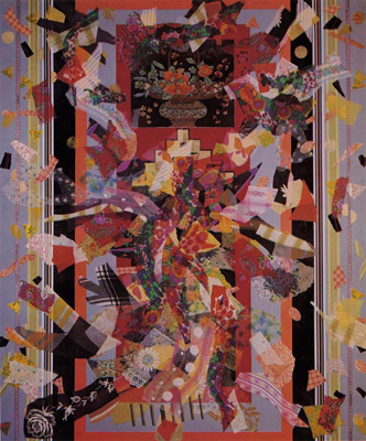 Miriam Schapiro, <em>Personal Appearance #3</em>, 1973. Fabric, paper, collage, and acrylic on canvas, 60 x 50 in. Courtesy of the Flomenhaft Gallery. Miriam Schapiro, <em>Personal Appearance #3</em>, 1973. Fabric, paper, collage, and acrylic on canvas, 60 x 50 in. Courtesy of the Flomenhaft Gallery.