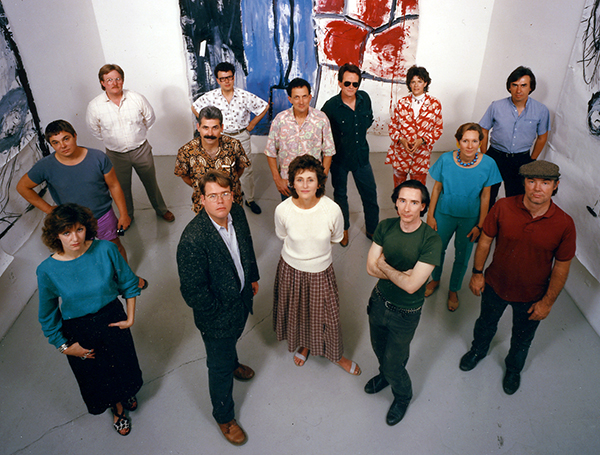 Rosamund Felsen Gallery, 1986. Back (L-R): Leland Rice, Lari Pittman, James Hayward, Karen Carson, Grant Mudford. Middle: Chris Burden, Steve Rogers, Richard Jackson, Alexis Smith. Front: Renée Petropoulos, Jeffrey Vallance, Rosamund Felsen, Mike Kelley, Paul McCarthy. Paintings by Paul McCarthy. Photo: Jim McHugh. Courtesy of the Rosamund Felsen Gallery. Rosamund Felsen Gallery, 1986. Back (L-R): Leland Rice, Lari Pittman, James Hayward, Karen Carson, Grant Mudford. Middle: Chris Burden, Steve Rogers, Richard Jackson, Alexis Smith. Front: Renée Petropoulos, Jeffrey Vallance, Rosamund Felsen, Mike Kelley, Paul McCarthy. Paintings by Paul McCarthy. Photo: Jim McHugh. Courtesy of the Rosamund Felsen Gallery.