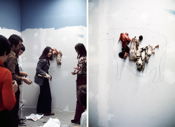 Suzanne Lacy, <em>Maps</em>, 1973. Happening at CalArts, Valencia, CA. Pictured, Left: Bia Lowe, Stanley Fried, Susan Mogul, Vanalyne Green and an unidentified student; Right, Detail of <em>Maps</em>. Photos: Suzanne Lacy. Courtesy of the artist.
