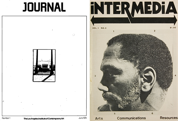 Left: Cover of <em>LAICA Journal</em></a> Vol. 1, Issue 1 (June 1974). Courtesy of Robert Smith. Right: Cover of <em>Intermedia</em> Vol. 1, Issue 3 (1975). Courtesy of Harley Lond. To download a PDF of <em> LAICA Journal</em> Vol. 1, Issue 1 (June 1974), click <a href="http://s3.amazonaws.com/eob_texts-production/texts/91/1326838015_Excerpt%20from%20LAICA%20Journal%20Number%201%20June%201974.pdf?1326838015" target="_blank">here</a>.