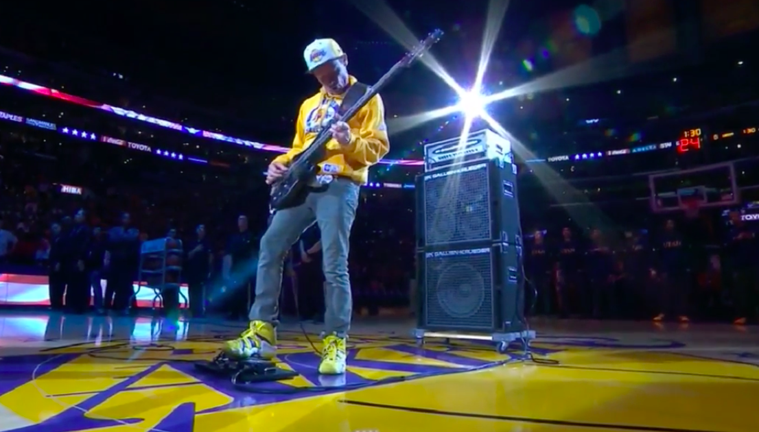 Flea plays bass guitar national anthem at final Kobe Bryant game