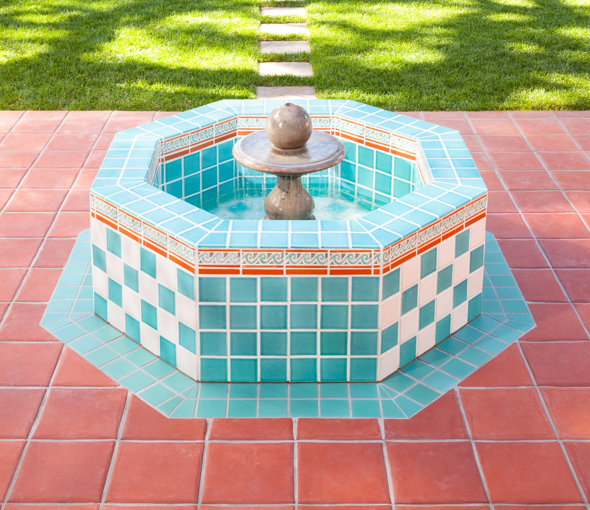blue and white handpainted outdoor fountain tile