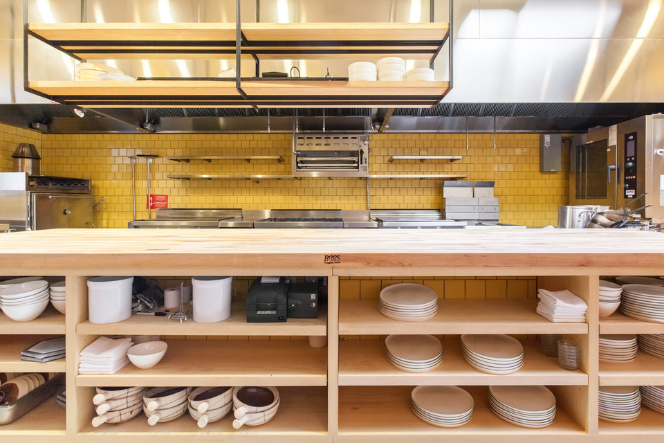 commercial restaurant yellow kitchen subway tile backsplash design