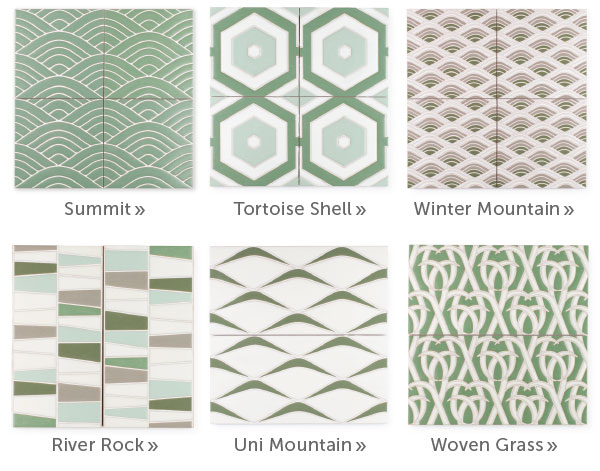 summit, tortoise shell, winter mountain, river rock, uni mountain, woven grass, sakura handpainted fireclay tile collection