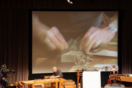 Phil Lowes sharp spokeshave was a blur as he turned a rough-sawn back post into a perfectly fair, sinuous surface, ready for finish, in about 60 seconds.