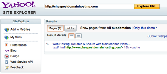 Yahoo Site Explorer
