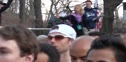 Deena Kastor addresses the runners at the start line