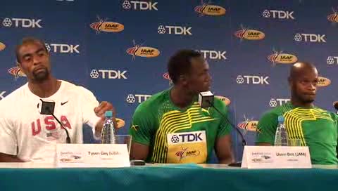 Men's 100 meter press conference with Bolt, Gay, Powell Berlin World Champs