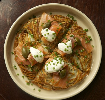 Rosti with Gravlax, Caperberries and Horseradish Cream