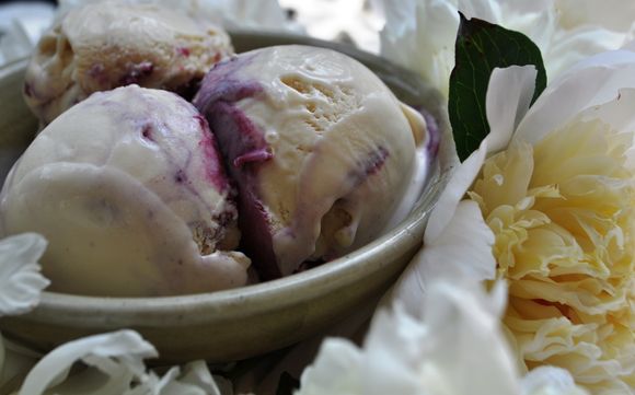 Peony Ice Cream with Blackberry Honey Swirl
