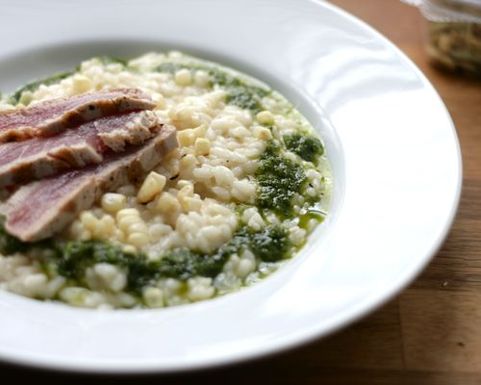 Charred Corn Risotto with Tuna and Jalapwno-Basil Oil
