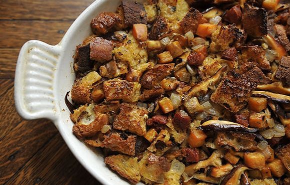 Cibatta Stuffing with Chorizo, Sweet Potato, and Mushrooms