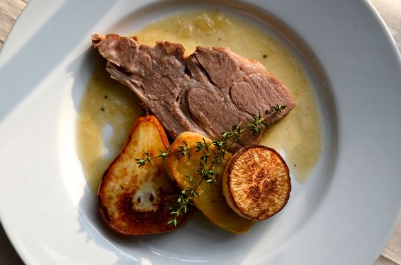 Braised Pork Roast with Onion Jus, Pears, Turnips and Potatoes