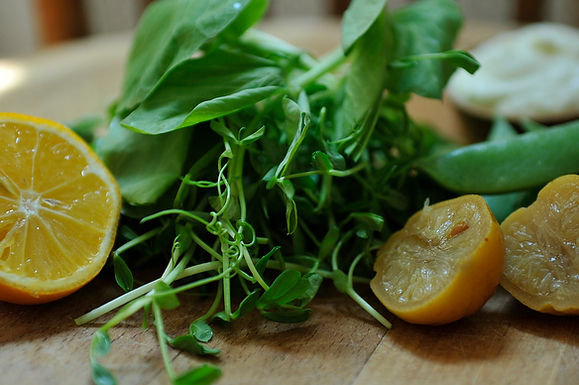 Pea Greens and Sugar Snaps with Preserved Lemon Cream