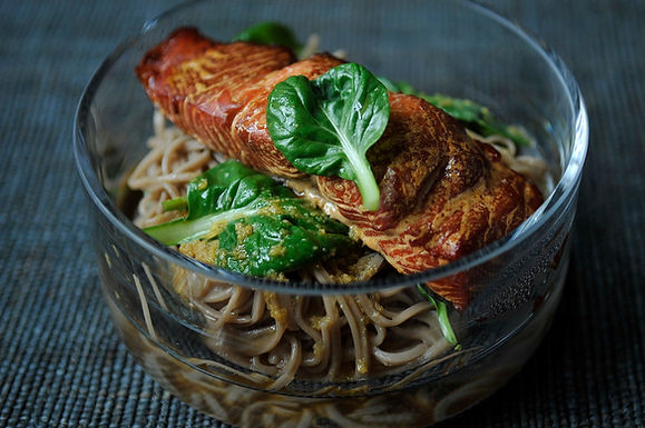 Hot Smoked Salmon, Soba and Asian Greens Salad