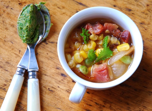 Succotash Minestrone with Mustard Green and Miso Pesto 
