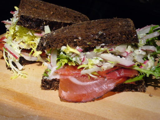 Speck, Fris&eacute;e, Onion, Radish Butter Sandwich
