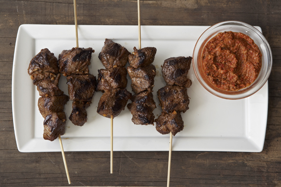 Beef Skewers with Romesco Sauce