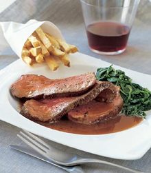 Beef Tenderloin with Red Wine Sauce, Creamed Spinach, and Truffled French Fries Recipe