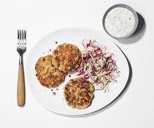 Fish Cakes with Coleslaw and Horseradish-Dill Sauce Recipe