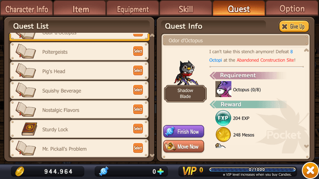 Your full quest log. Closed books mean finished quests.