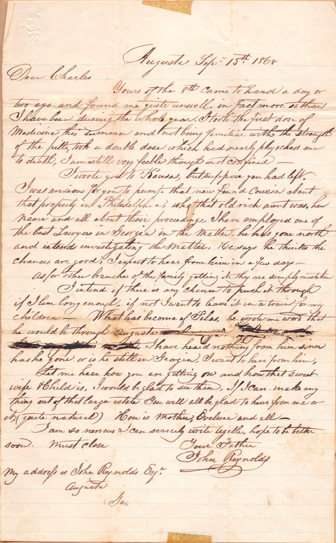 Sep 15 1868 John Reynolds to Charles W Reynolds
