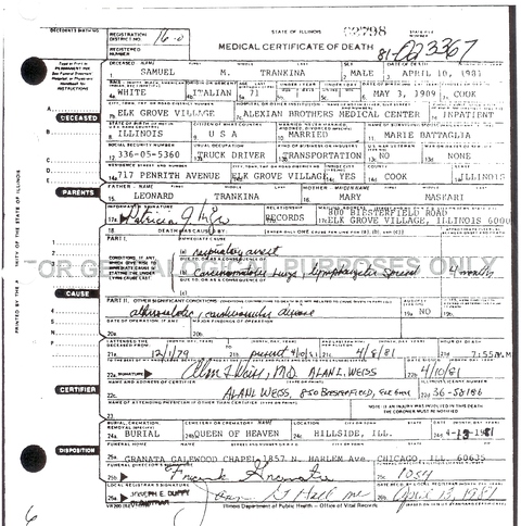 Samuel M. Trankina death certificate
