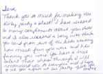thank you note from Kirby Kangaroo party